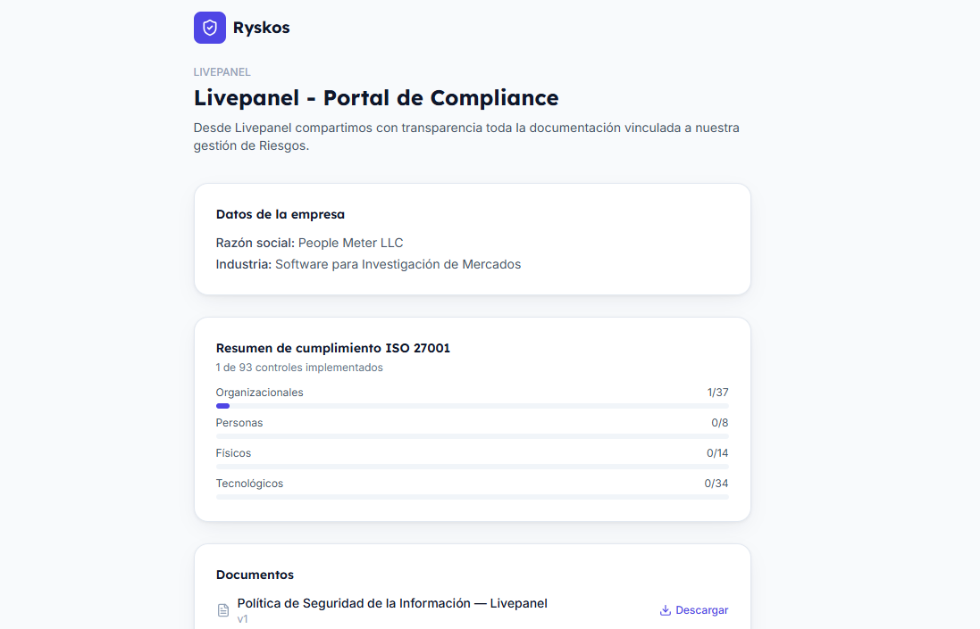 Portal de compliance donde el proveedor entrega su documentación de riesgos e ISO 27001